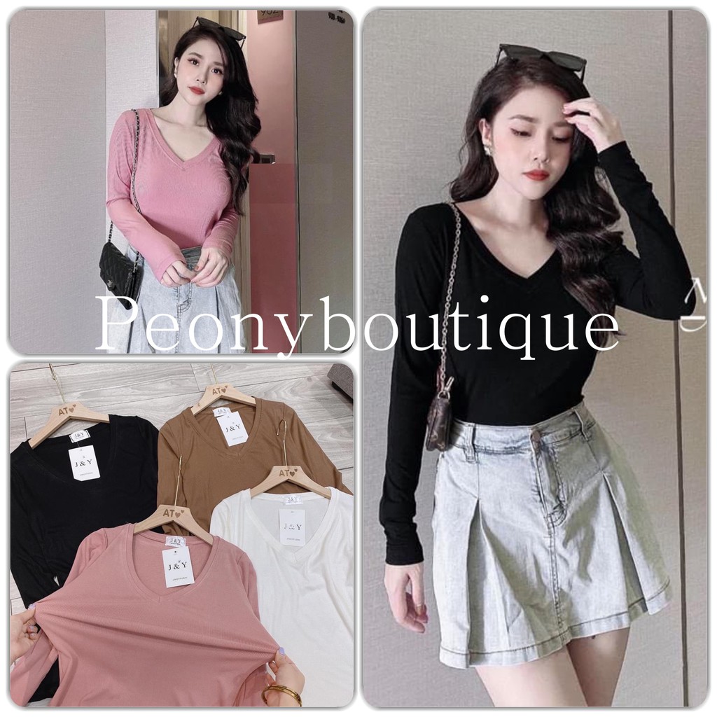 Áo Thun Tăm Giấy V-NECK Nữ [FREESHIP] 🌸 Phông cổ tim dài tay body dáng ôm màu Đen | Trắng | Hồng | Nâu Ulzzang HOT 🌸 | WebRaoVat - webraovat.net.vn