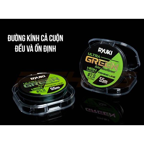 Dây Câu RYUKI Ultra Green 55m, cước trục câu cá, cước câu cá chính hãng