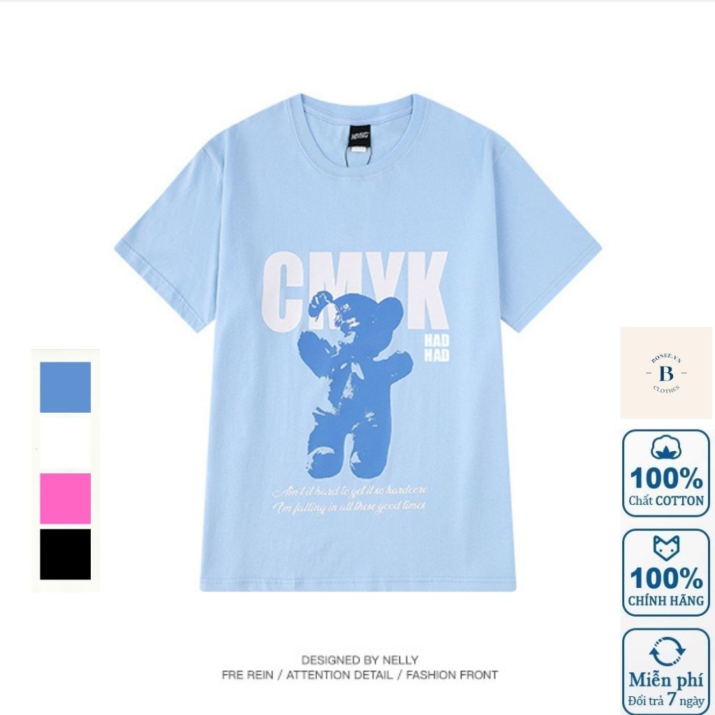 Áo thun NELLY chính hãng Cotton 100% Unisex ngắn tay , áo phông nam nữ phom rộng in hình Gấu có sẵn