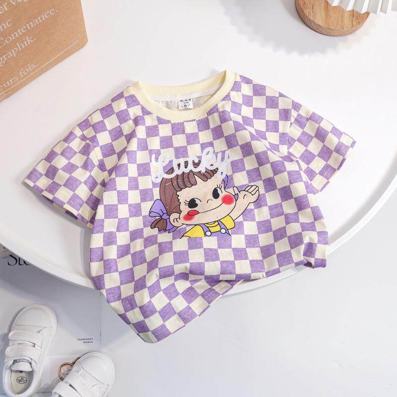 Áo Thun Tay Ngắn Bằng Cotton Họa Tiết Sọc Caro Thời Trang Mùa Hè Cho Bé Gái 2-6 Tuổi