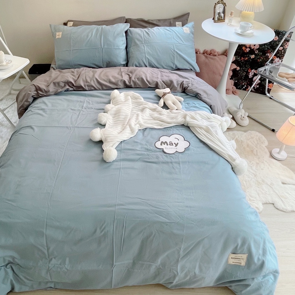 Bộ chăn ga gối đệm Cotton TC phối ga trải giường xám MÂY BEDDING đủ màu xám xanh dương xanh mint be đủ kích thước nệm