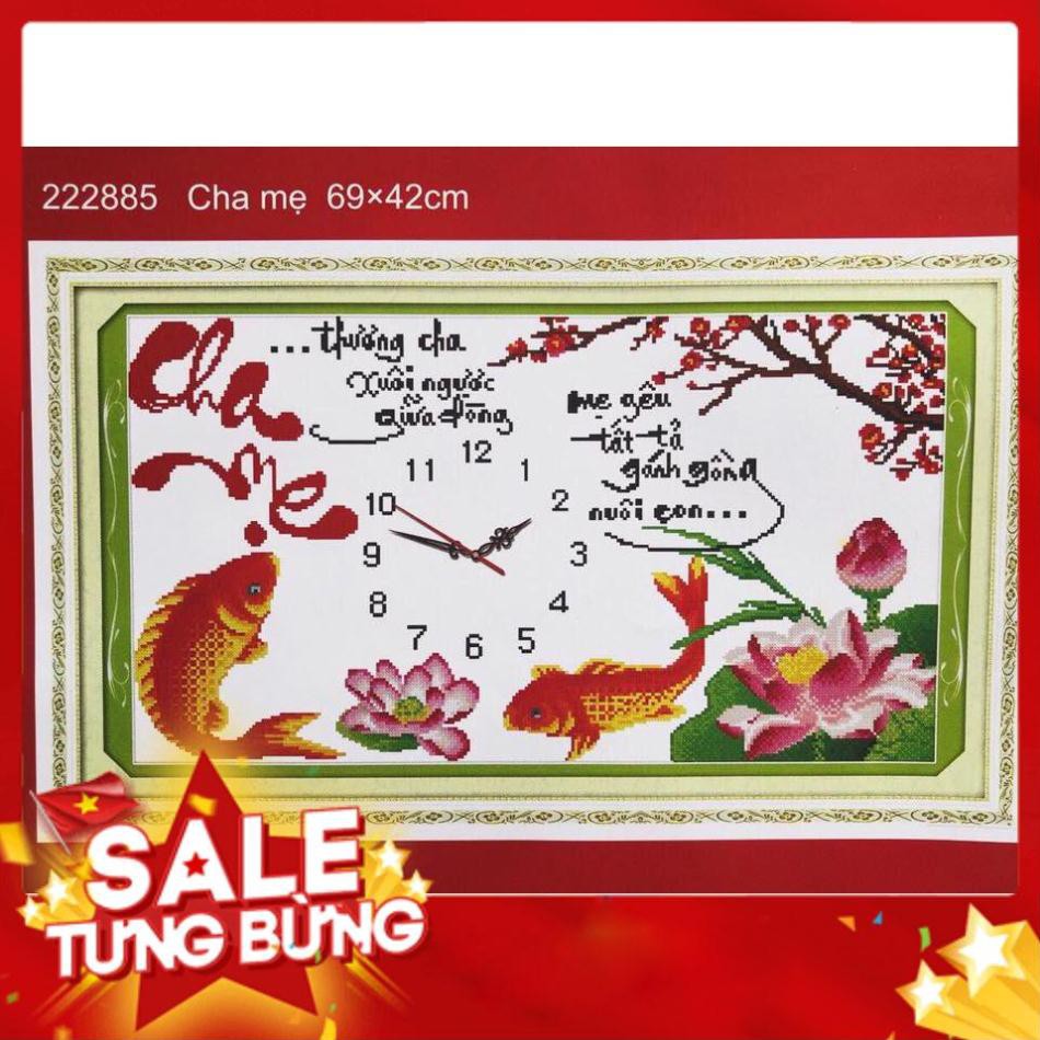 Tranh thêu chữ thập thư pháp cha mẹ đồng hồ KT 69x42cm
