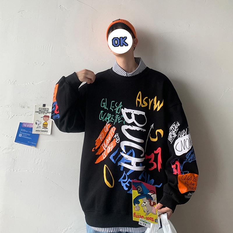 Áo thun IELGY cổ tròn tay dài size lớn vải mỏng họa tiết graffiti phong cách Nhật Bản thường ngày dành cho bạn nam