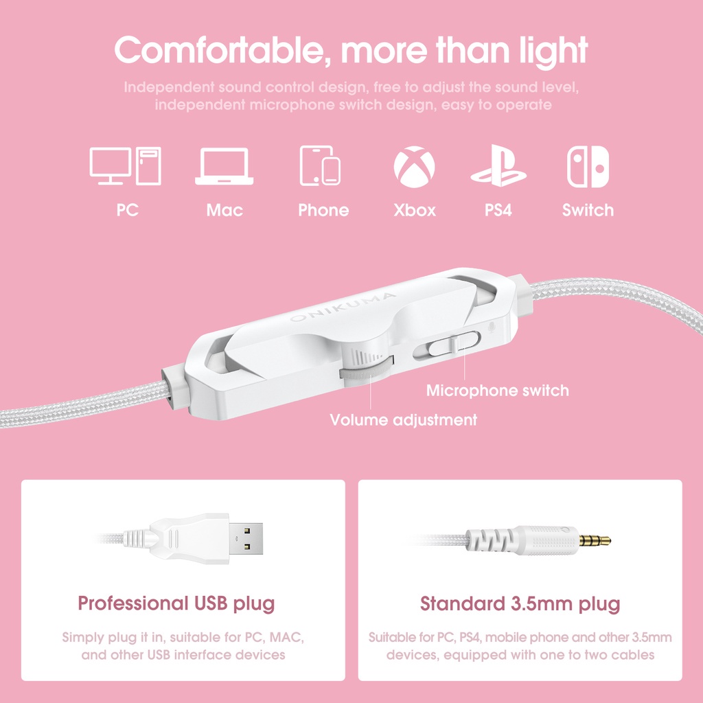 Tai nghe Chụp tai Chơi game âm thanh nổi ONIKUMA X10 tai Mèo Màu Hồng Trắng, Có Micrô/ Đèn RGB, cho PC/ Máy tính/ Laptop