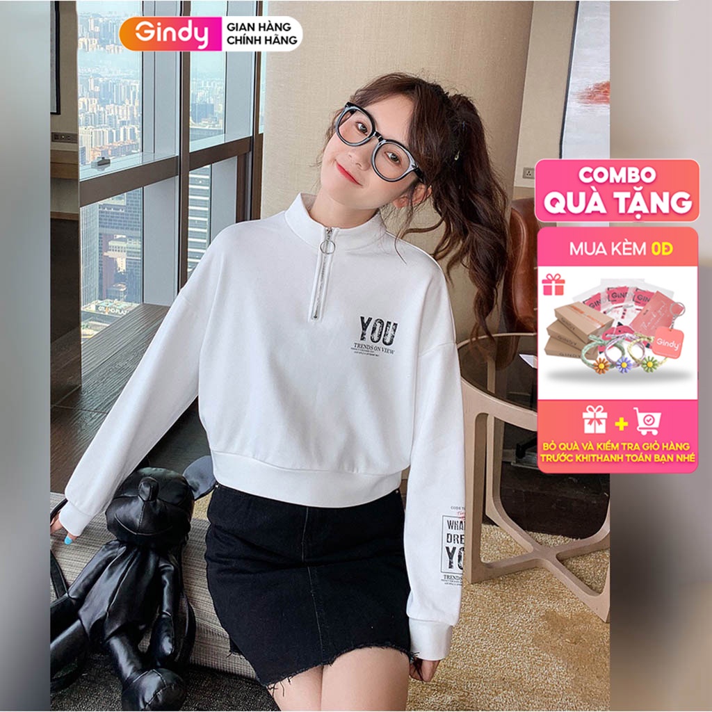 Áo nỉ sweater dài tay nữ GINDY in hình cổ lọ khóa kéo dễ phối đồ thời trang thu đông Hàn Quốc 2021 A10105