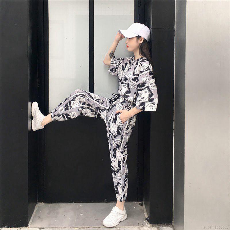 Set quần dài và áo thun tay dài phong cách Hip Hop thời trang cho nữ