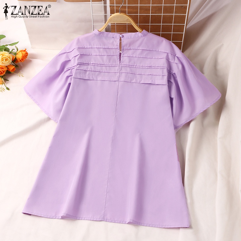 Áo kiểu ZANZEA tay loe ngắn cổ tròn xếp ly thời trang dành cho nữ