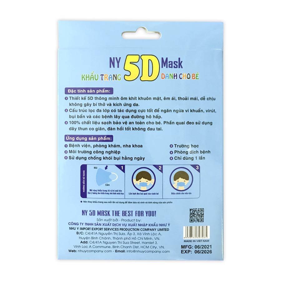 HỘP 10 CÁI KHẨU TRANG 5D CHO TRẺ EM TỪ 1 TUỔI ĐẾN 6 TUỔI NY 5D Mask In hình Ngăn Bụi Kháng khuẩn Bảo vệ sức khỏe Như Ý