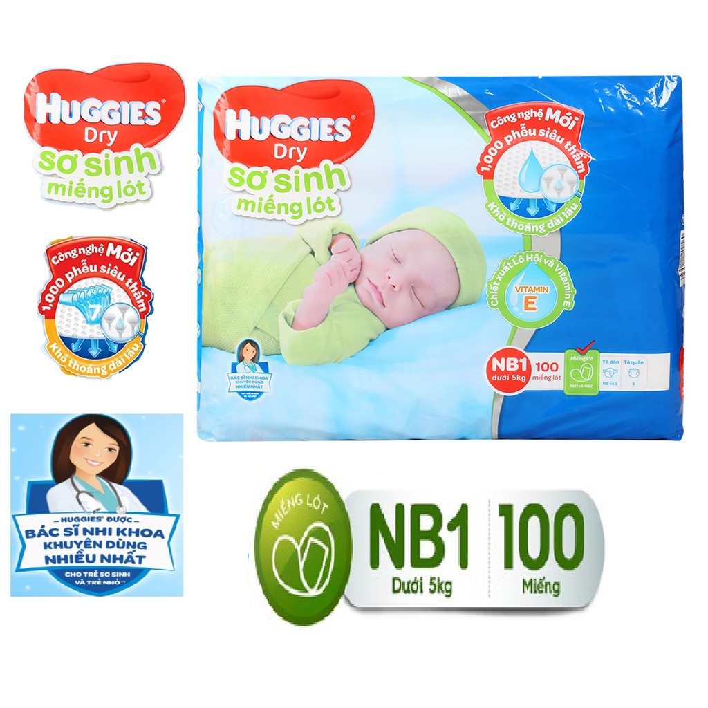 MIẾNG LÓT SƠ SINH HUGGIES MẪU MỚI LOGO ĐỎ NB1 100 MIẾNG --- DÀNH CHO BÉ DƯỚI 5KG