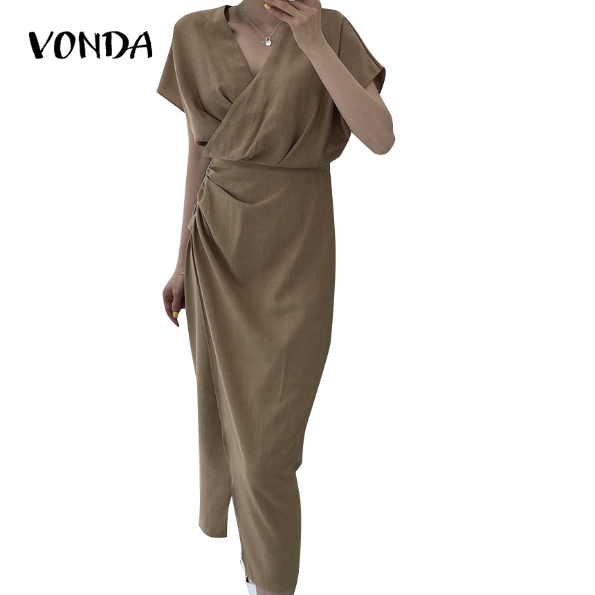 Đầm Dài Cổ Chữ V Tay Ngắn Màu Trơn Phong Cách Hàn Quốc Dành Cho Nữ