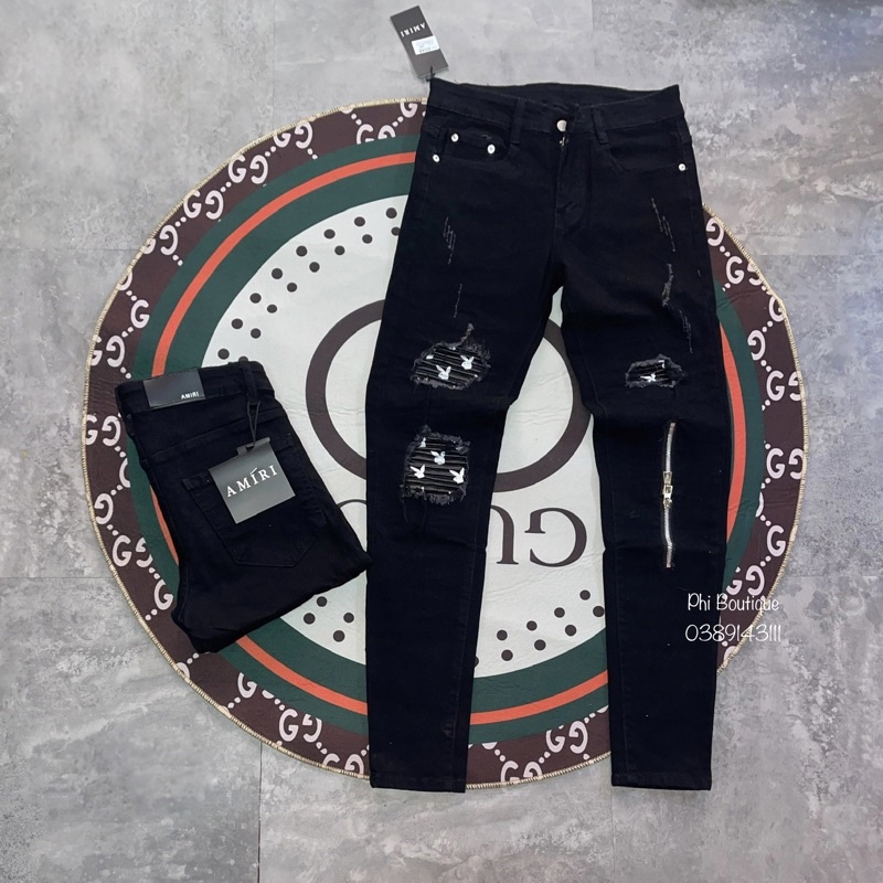 Quần jean Nam slimfit black khoá dọc phối rách lót da nhăn thỏ QJ76P