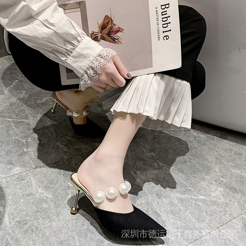 Dép Cao Gót 8cm Mũi Nhọn Đính Ngọc Trai Thời Trang Mùa Hè Dành Cho Nữ（Small, recommended +1 yard）