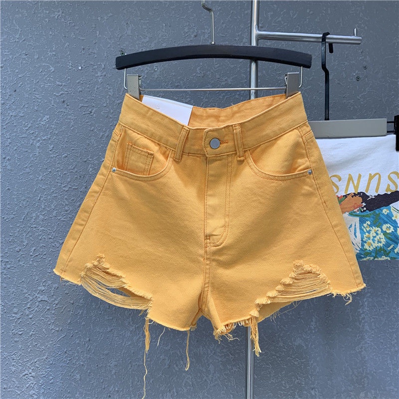 Quần Short Denim Đục Lỗ Lưng Cao Màu Xanh Lá Cây