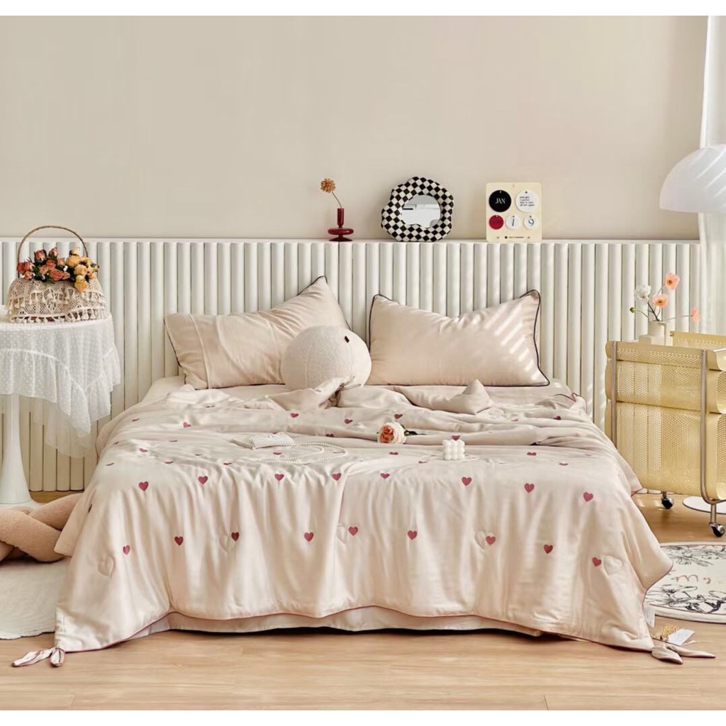 Chăn tencel thêu tim kèm nơ cao cấp, chăn đắp hè thêu tim tencel mềm mịn kích thước 2mx2m3