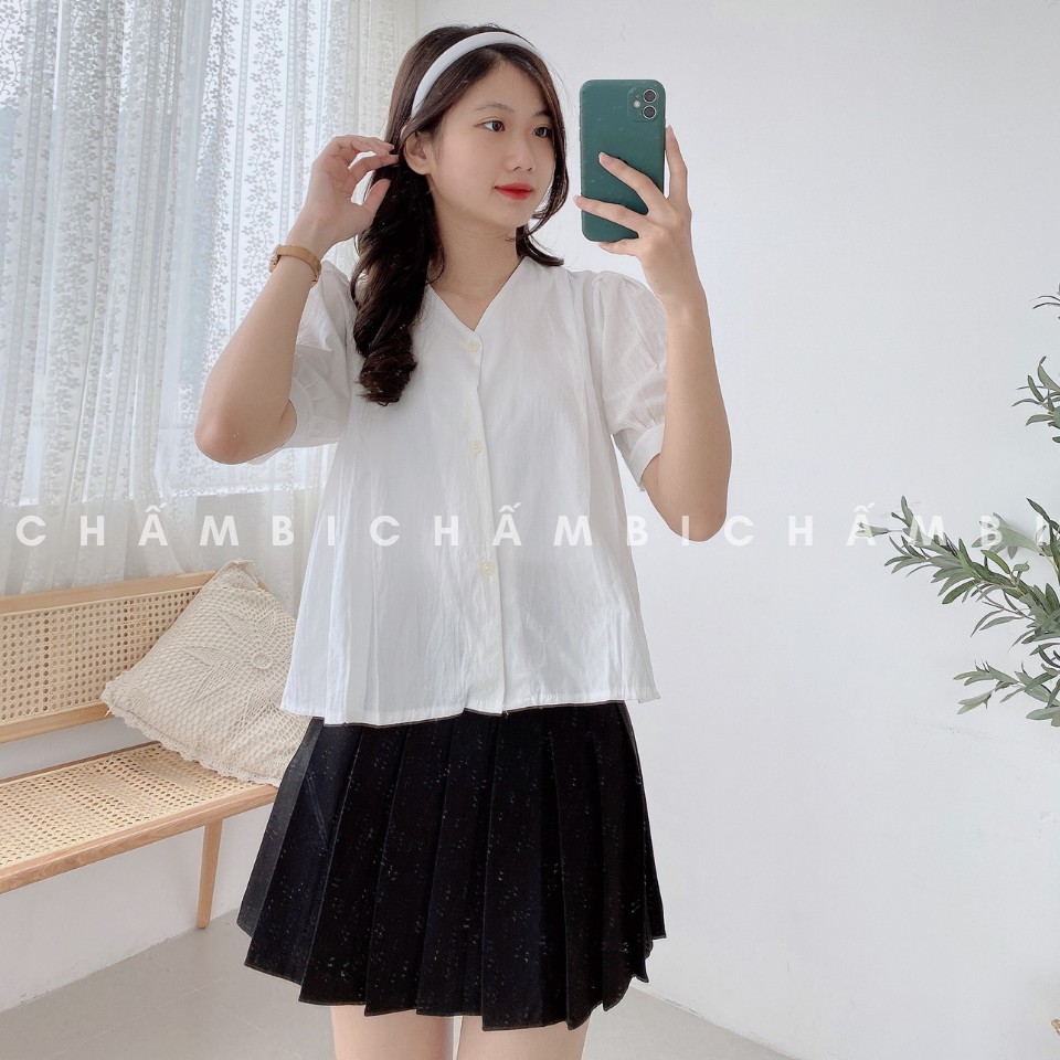 Áo kiểu cổ V A.222, Áo kiểu trơn tay lỡ bồng dáng babydoll xếp ly nhẹ dọc thân cực xinh