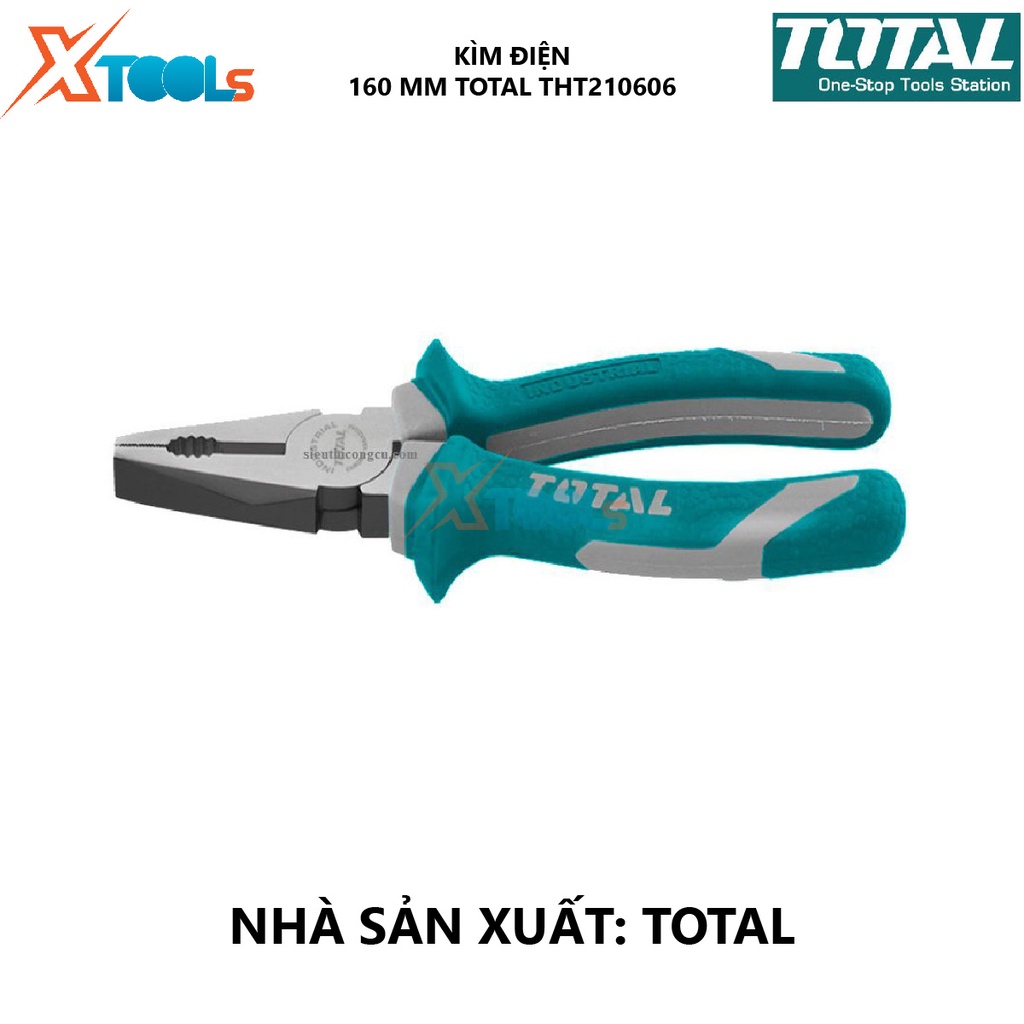 Kìm điện TOTAL THT210606 | kềm răng Kích thước 6&quot; (160mm), Khối lượng 0,2 kg, Cán bọc nhựa 2 màu xanh trắng bấm, cắt, tu