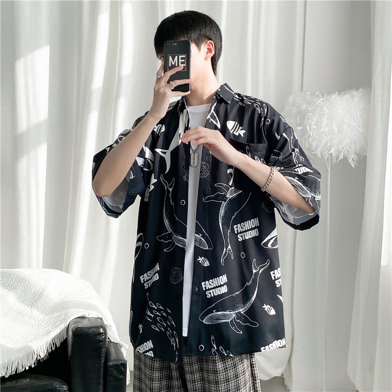 Short Sleeve Shirt With Cartoon Shark Print Korean Style Summer Fashion For Men 2022