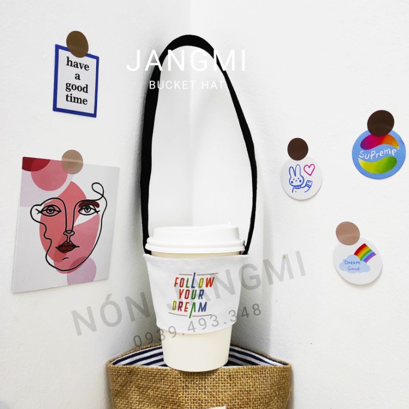 Túi Quai Vải Follow Đựng Ly Nước Giữ Nhiệt 1 Lít, Ly Trà Sữa Nhựa Dưới 500ml Dây Đai Mỏng