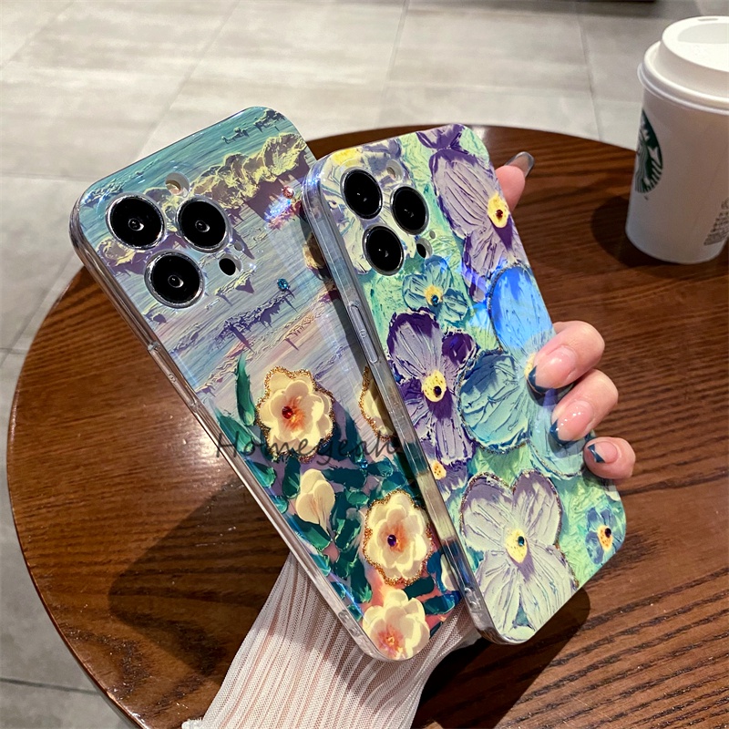 Ốp Điện Thoại Mềm Bo Viền Họa Tiết Tranh Sơn Dầu Đính Đá Blu-ray Cho iPhone 11 12 13 Pro Max X XR Xs Max