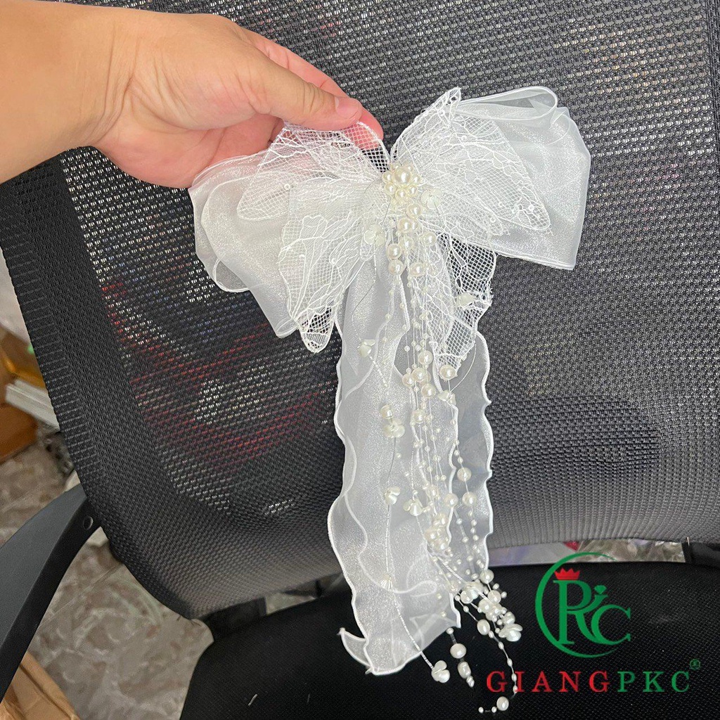 Voan ngắn cài tóc cô dâu bướm cứng hạt trai dây 2022 Giangpkc  ngang 22cm dài 45cm Phụ kiện cưới Giang