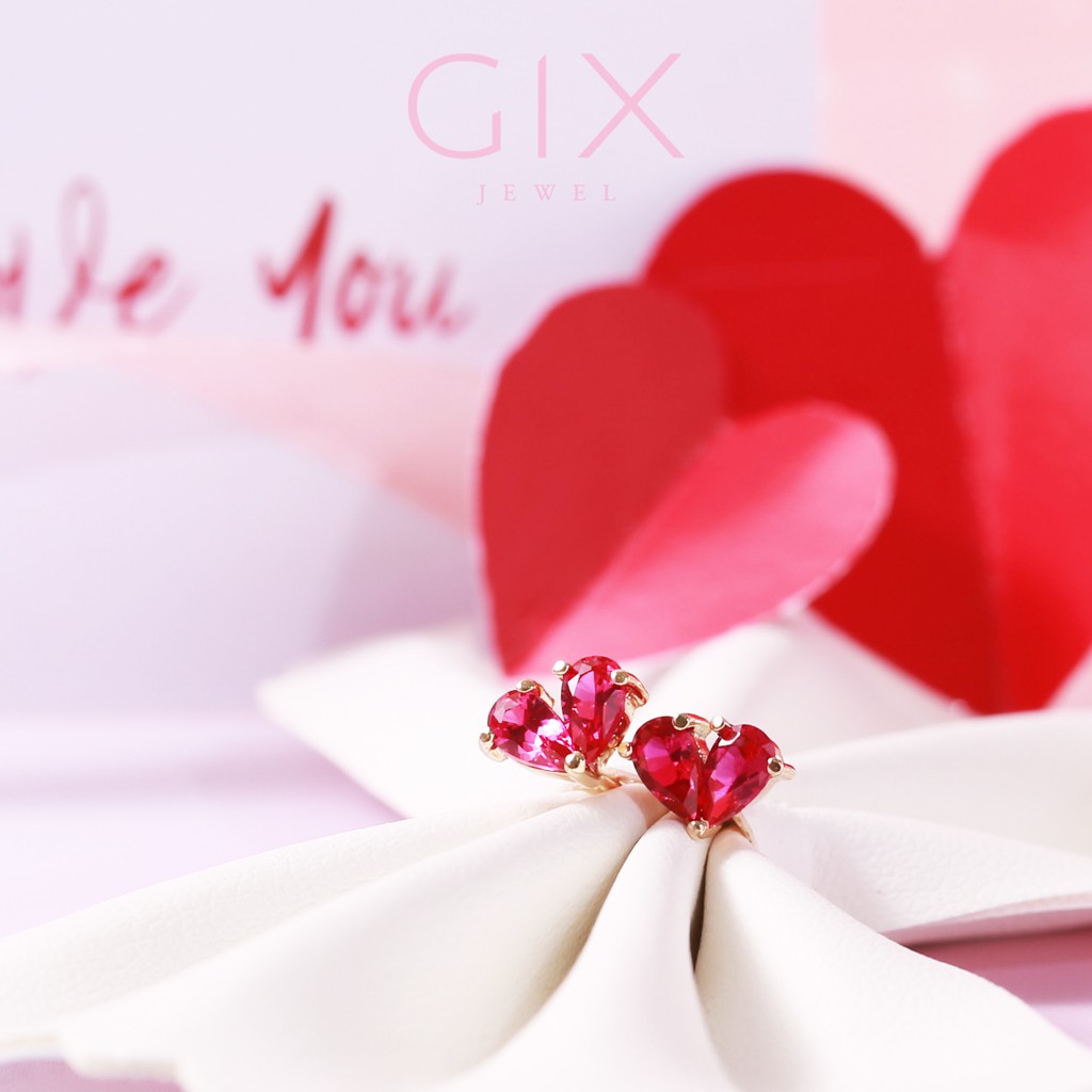 Bông tai bạc cao cấp mạ vàng trái tim ghép 2 viên đá Cz đỏ Gix Jewel SPGBT06
