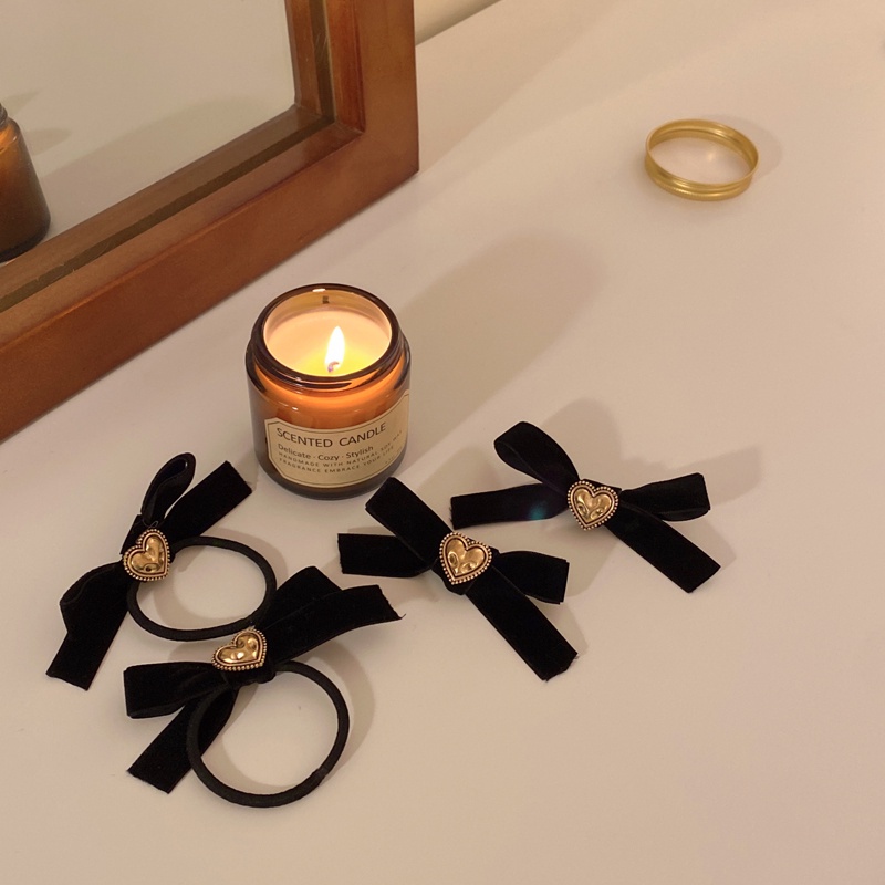 Kẹp tóc/ Dây buộc tóc cao su bọc nhung màu đen phối hình nơ xinh xắn cho nữ