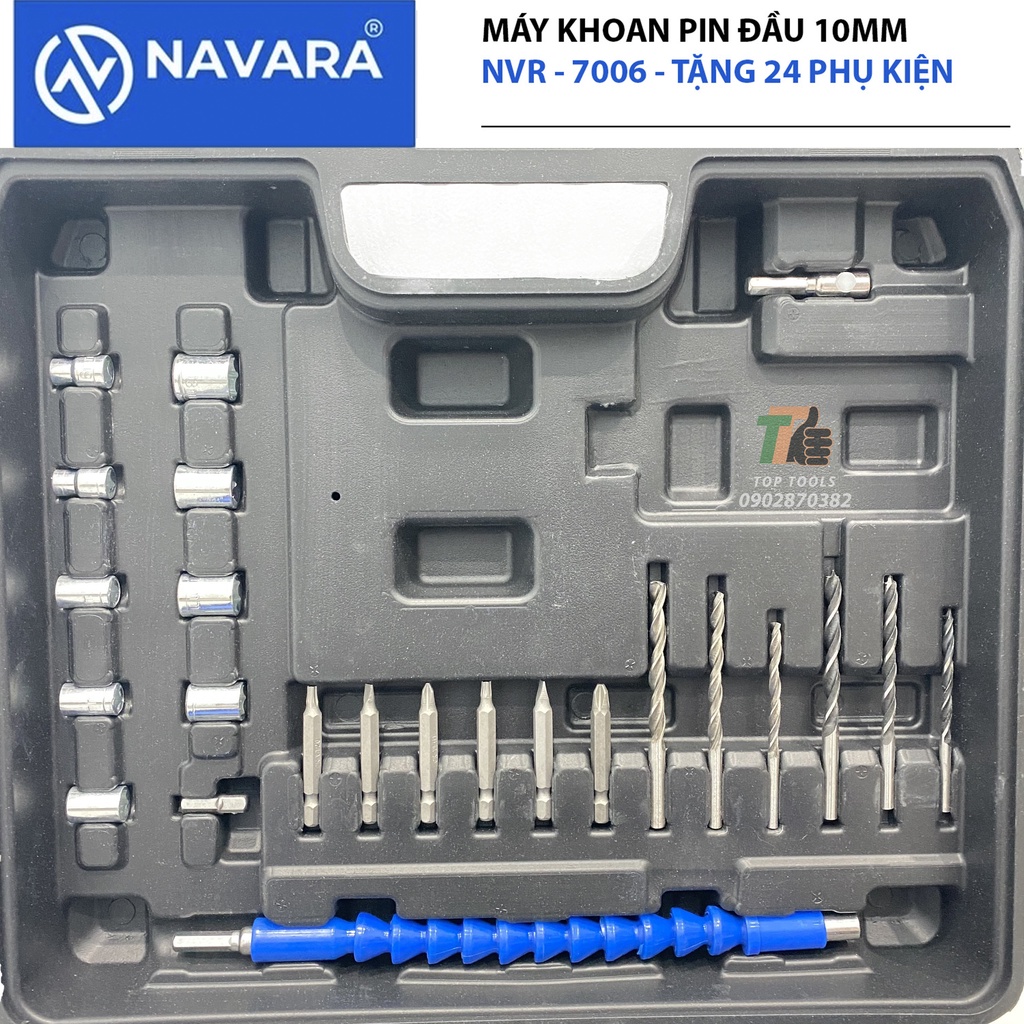 May khoan pin, Máy khoan pin Navara 7006, Kèm bộ phụ kiện 24 chi tiết, Pin 21v 5 cell