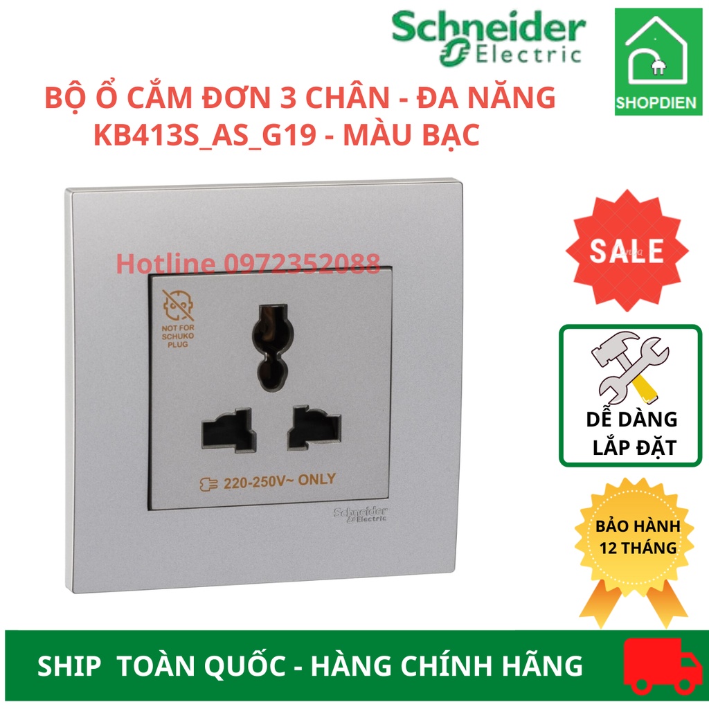 Bộ ổ cắm đơn 3 chân đa năng Schneider Vivace KB413S_AS_G19 màu xám bạc Silver
