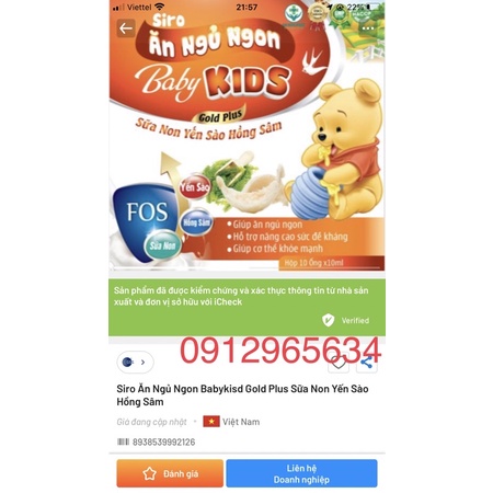 Siro Bé ăn ngủ ngon Babykid hỗ trợ sức khoẻ cho bé giúp hấp thu tốt và nhanh lớn 20 ống