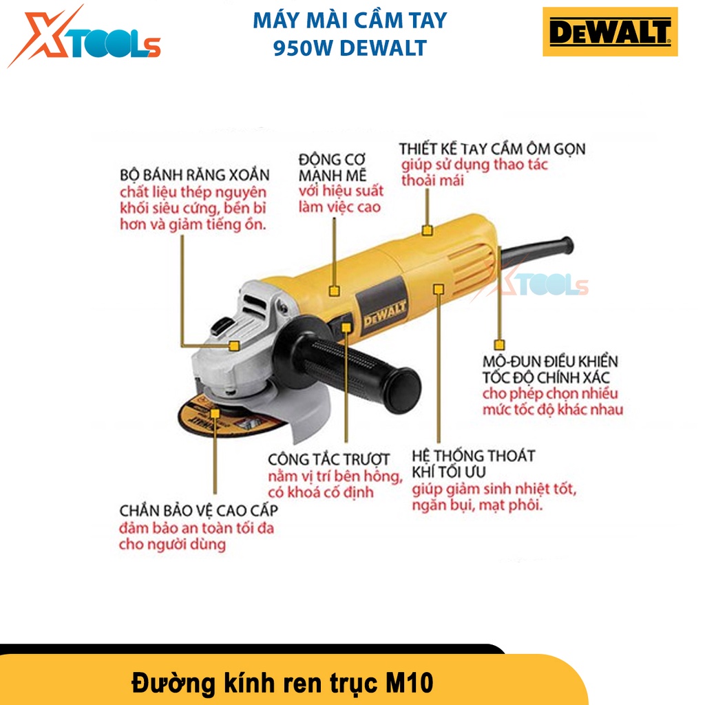 Máy mài cầm tay 950W DEWALT, máy mài góc có đIều chỉnh tốc độ, đường kính ren trục: M10 [CHÍNH HÃNG][XTOOLS]