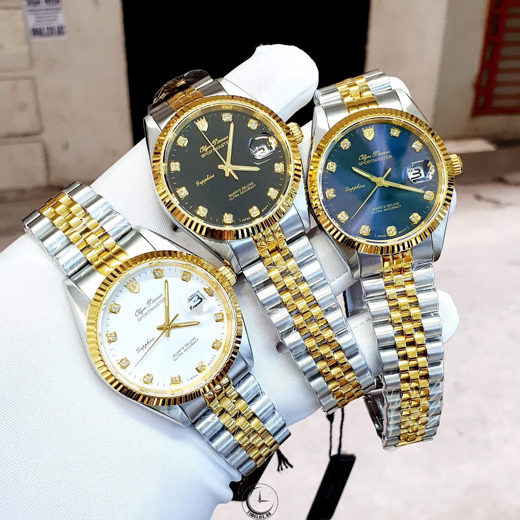 Đồng hồ đôi nam nữ dây kim loại Olym Pianus OP89322 MSK / OP68322 LSK mặt xanh