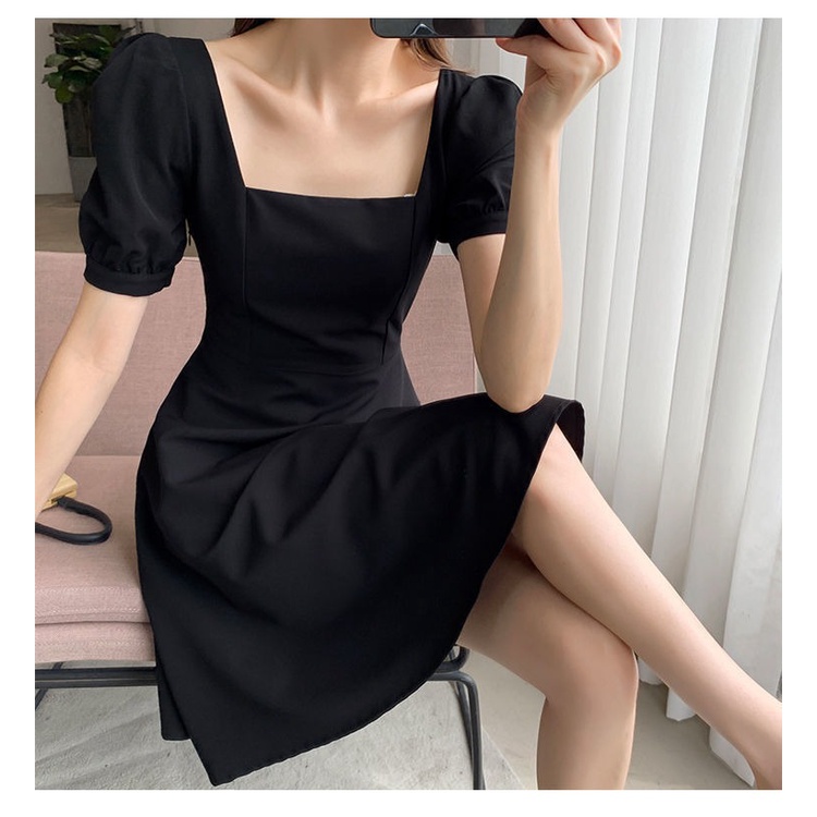 Váy đầm cổ vuông đen đỏ dáng ngắn mùa hè basic cho nữ phong cách Hàn Quốc