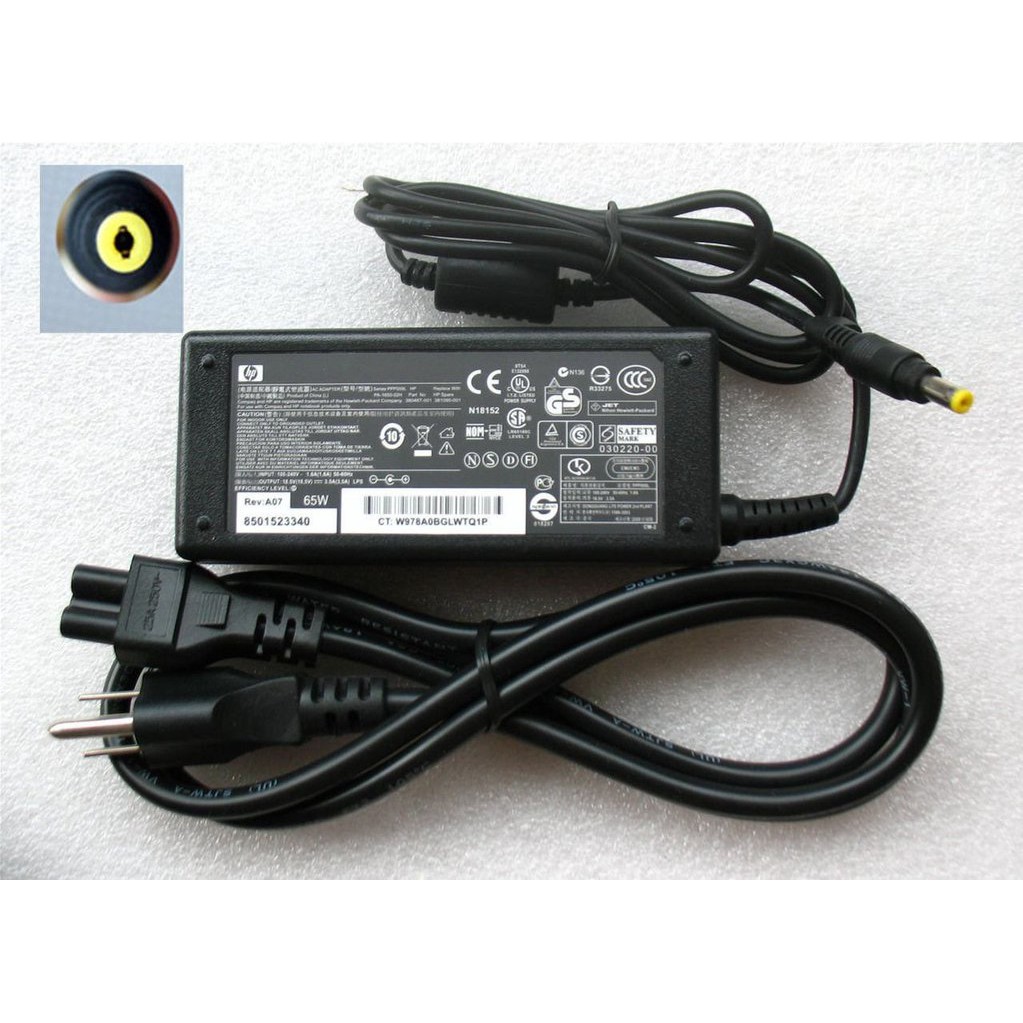 Sạc Laptop HP  18.5V – 3.5A (65W) Đầu vàng nhỏ &amp; HP Envy 19.5V  3.33A Đầu kim nhỏ BH 6 tháng 1 đổi 1