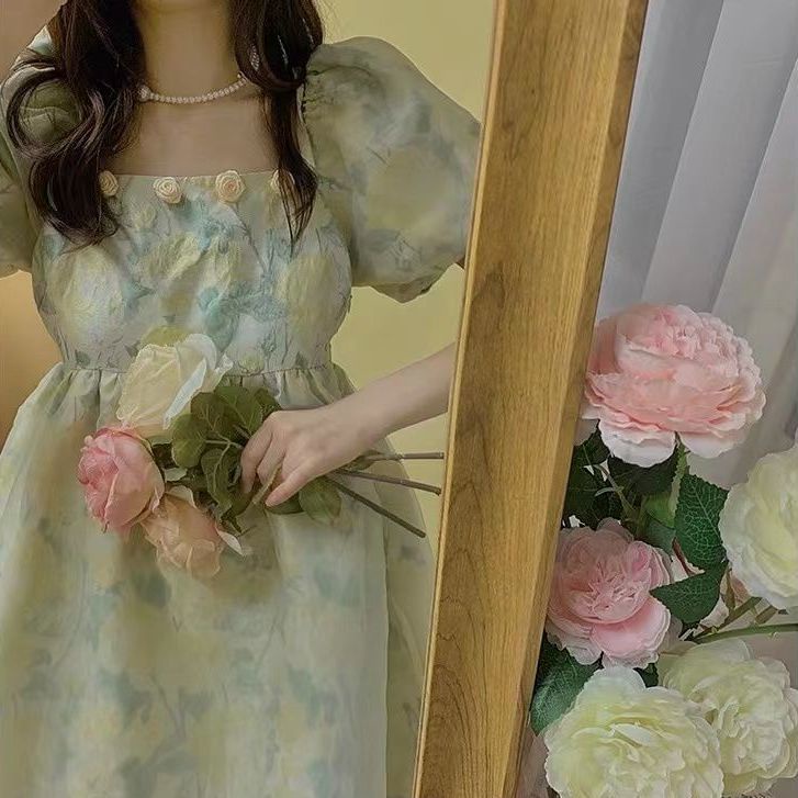 Đầm Chữ A Lưng Cao Mùa Hè Màu Xanh Lá Trà Xanh Lá Phong Cách Mới Cho Nữ Sinh