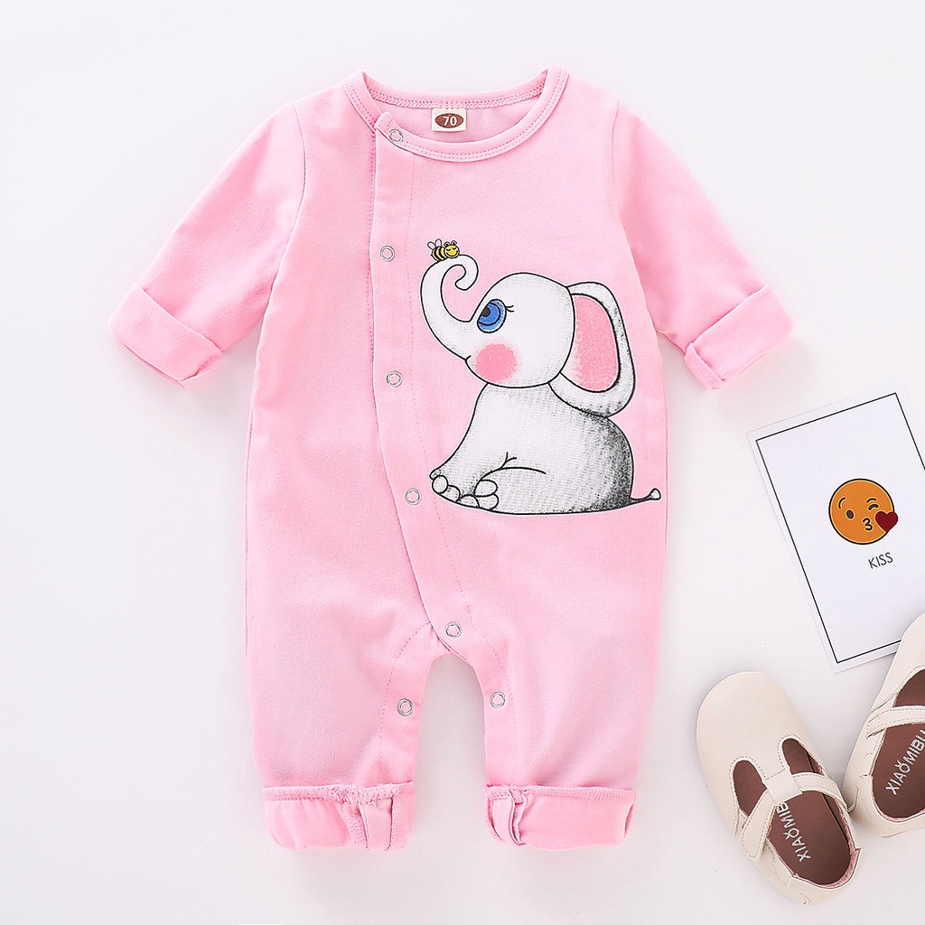 Áo liền thân Mikrdoo bằng cotton tay dài in hình chú voi dễ thương cho trẻ sơ sinh