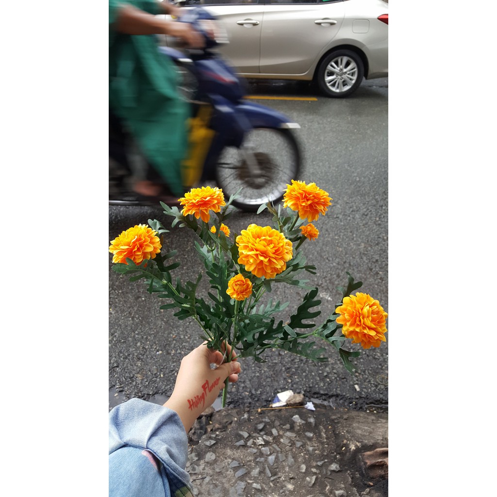 1 bụi Hoa vạn thọ giả 5 nhánh - Hoa giả - Hương Flower