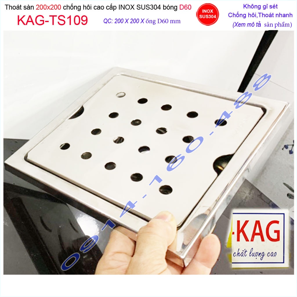 Phễu thoát sàn 20x20cm KAG-TS109-D60 Inox 304, thoát nước chống hôi nhà tắm mặt SUS304 dập khuôn D60 thoát nhanh