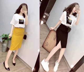 Set áo thun kèm chân váy ôm xẻ tà + Ảnh thật