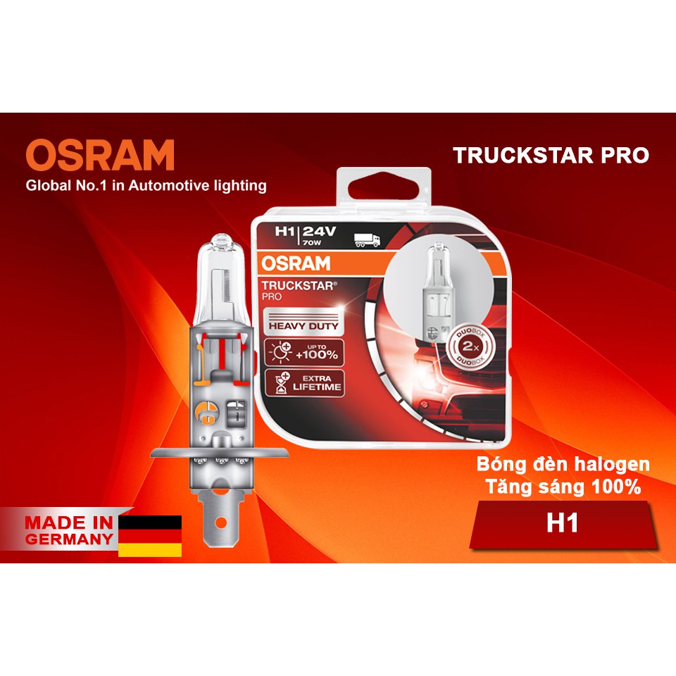 Combo 2 Bóng Đèn Halogen Tăng Sáng 100% OSRAM Truckstar Pro H1 64155Tsp-Hcb 24V 70W - Nhập Khẩu Chính Hãng