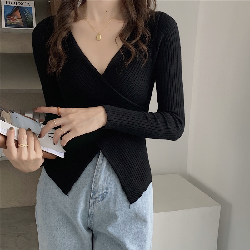 QKOOLE  Áo dệt kim cổ chữ V dáng ôm thời trang Hàn gợi cảm cho nữ