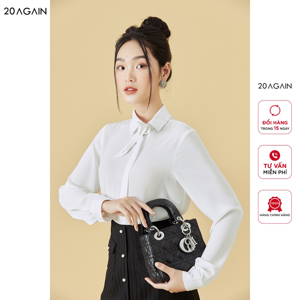 Áo sơ mi nữ dài tay cổ đức 20AGAIN, thiết kế cổ nơ thanh lịch, vải voan cát cao cấp ASW0624