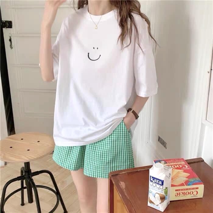 Set Mặt Cười Short Caro Xanh PEONYB Nữ [FREESHIP]  Bộ ngủ áo thun trắng smile quần sooc đùi kẻ form rộng Ulzzang