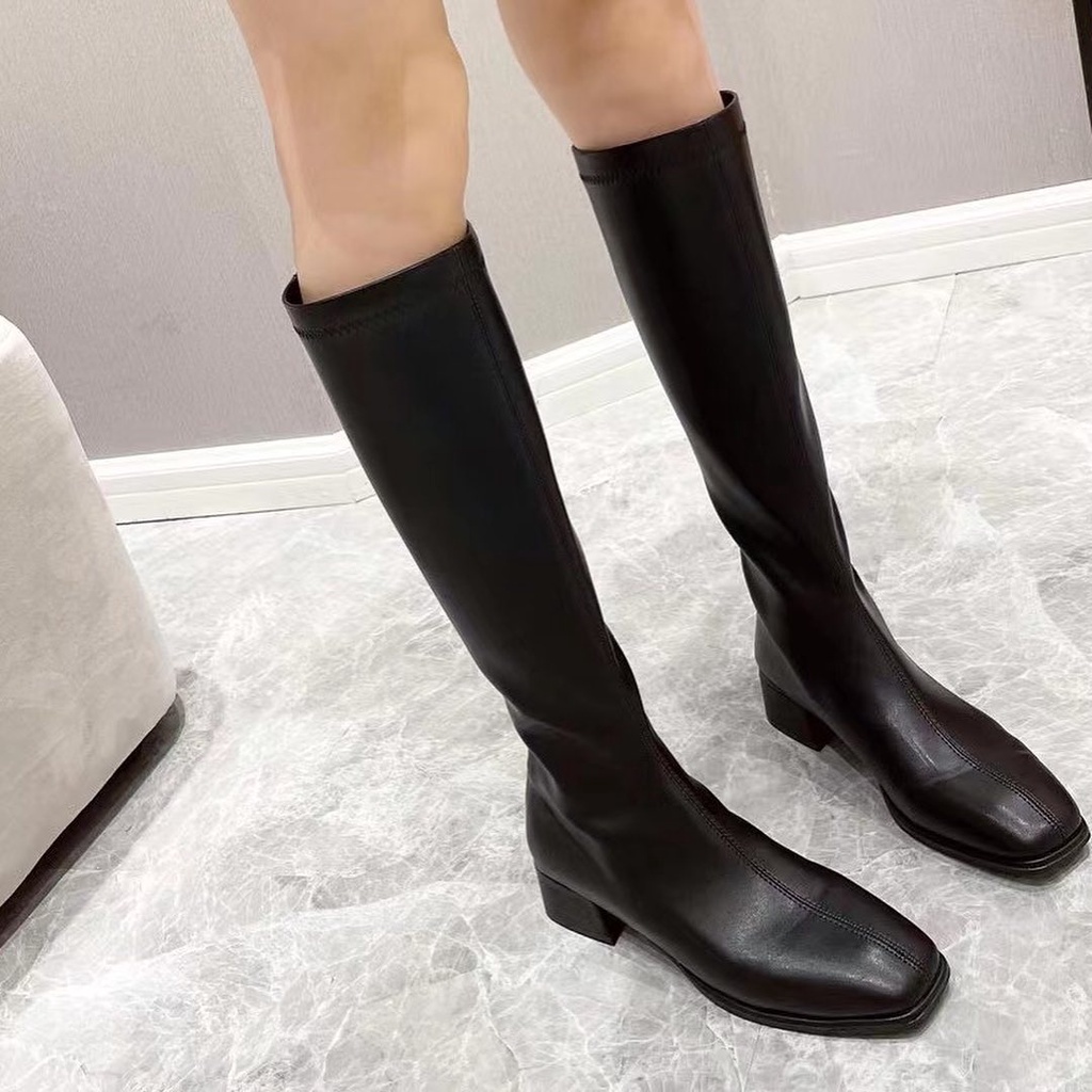 Boot đùi cao da mềm, mũi vuông, đường chỉ dọc giữa, đế vuông trụ cao 6cm, khóa sau - better - 251021001