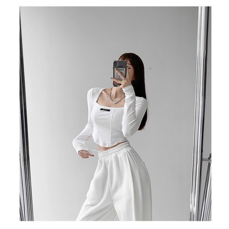 Áo Croptop Cổ Vuông Tay Dài Vạt Bầu Kèm Tag Sang Chảnh