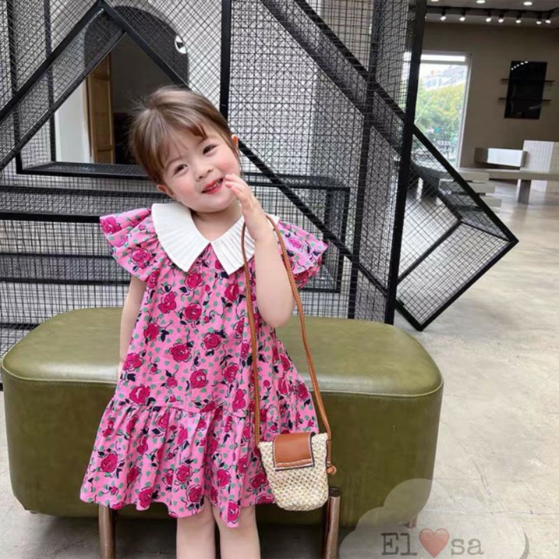 váy hoa hồng chất thô phối cổ trắng dập ly cho bé gái từ 8-20kg