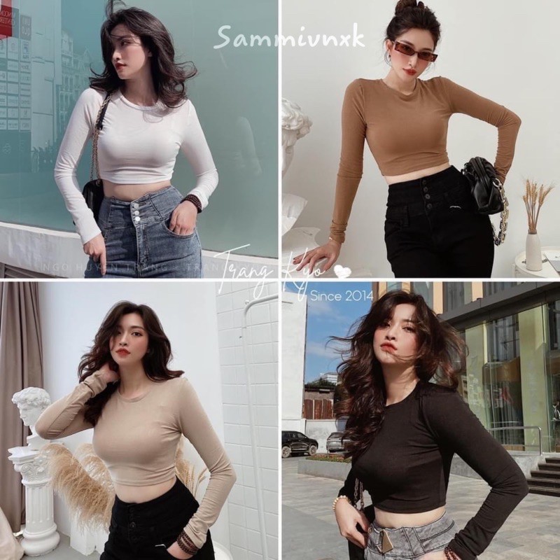 Áo croptop tay dài cổ tròn🌸Áo thun croptop nữ dài tay cổ tròn chất len zip hàn chuẩn loại 1💥{free ship}