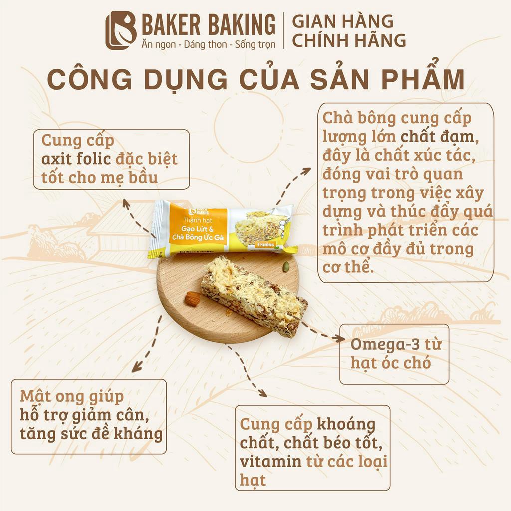 Thanh gạo lứt chà bông ức gà Baker Baking 70% hạt, 30% gạo lứt, Ngũ cốc hỗ trợ người ăn kiêng, tập luyện, giảm cân