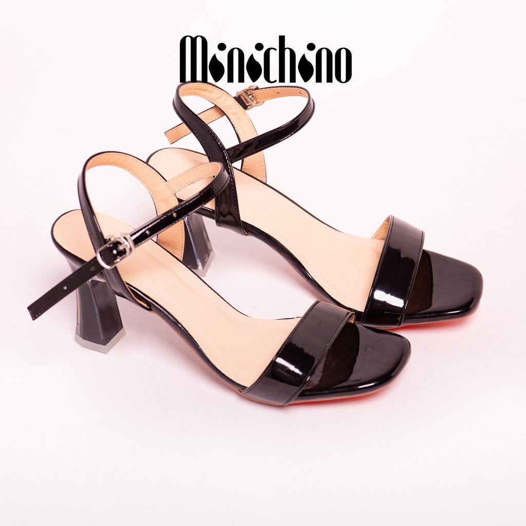 Giày cao gót MINICHINO nữ thời trang, giày sandal gót cao hỡ mũi trụ cao 7p fom chuẩn size 35-40 màu Đen