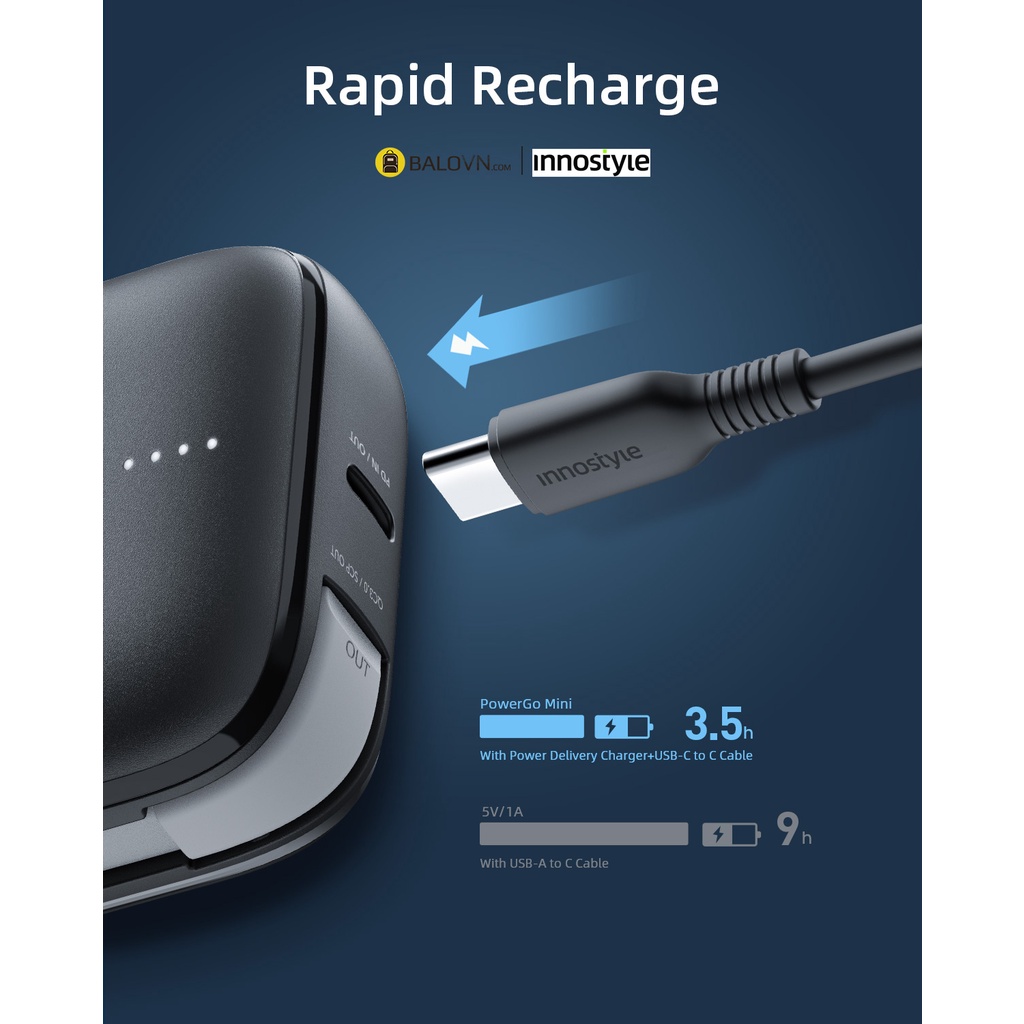 Pin Sạc Dự Phòng Innostyle Powergo Mini 10000 mAh 22.5W Tích Hợp Cáp USB-C IP22PDBLK