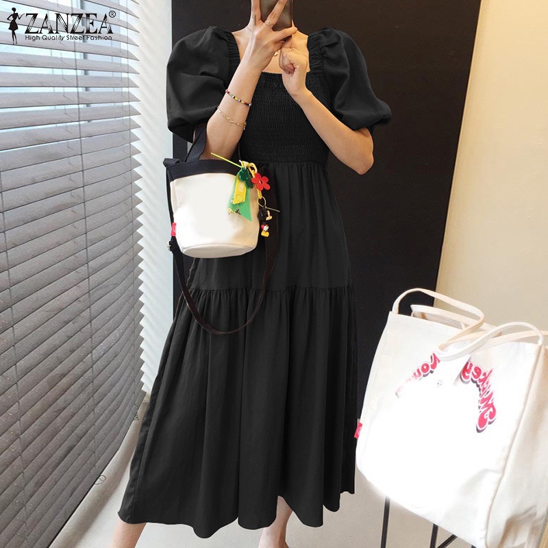 Đầm maxi ZANZEA tay ngắn ống phồng dáng rộng cổ vuông phối viền xếp nếp thanh lịch cho nữ